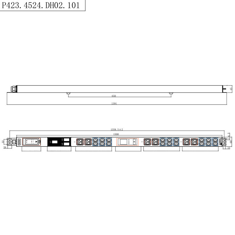 24 خروجی 3 فاز IEC C13 & C19 سوکت های قفل شونده 1.5U قطع کننده مدار مغناطیسی مایع عمودی داغ قابل تعویض RS485 Rack PDU اندازه گیری